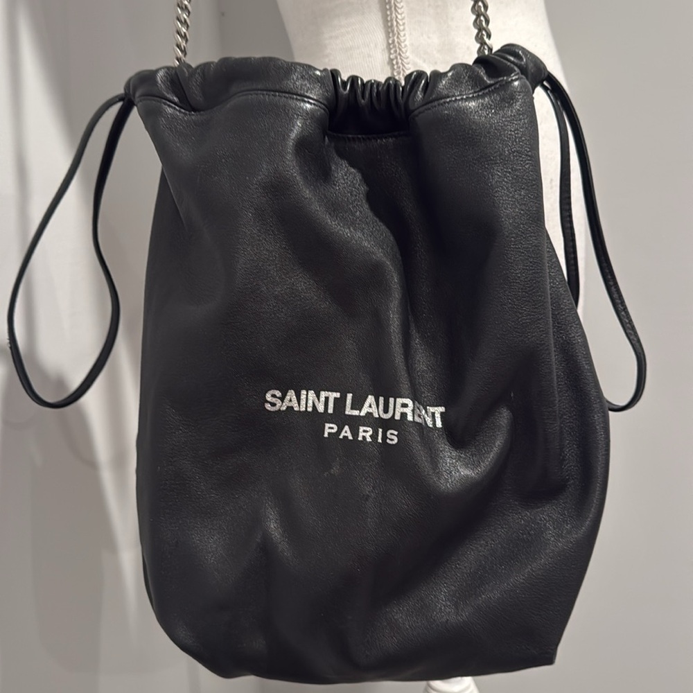 YSL Saint Laurent Teddy Bucket Bag Leather Logo Drawstring Crossbody + Pouch - Picture 10 of 16